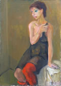 Figura con calze rosse, 1973,  olio su tela, cm 70x50, Napoli, collezione privata